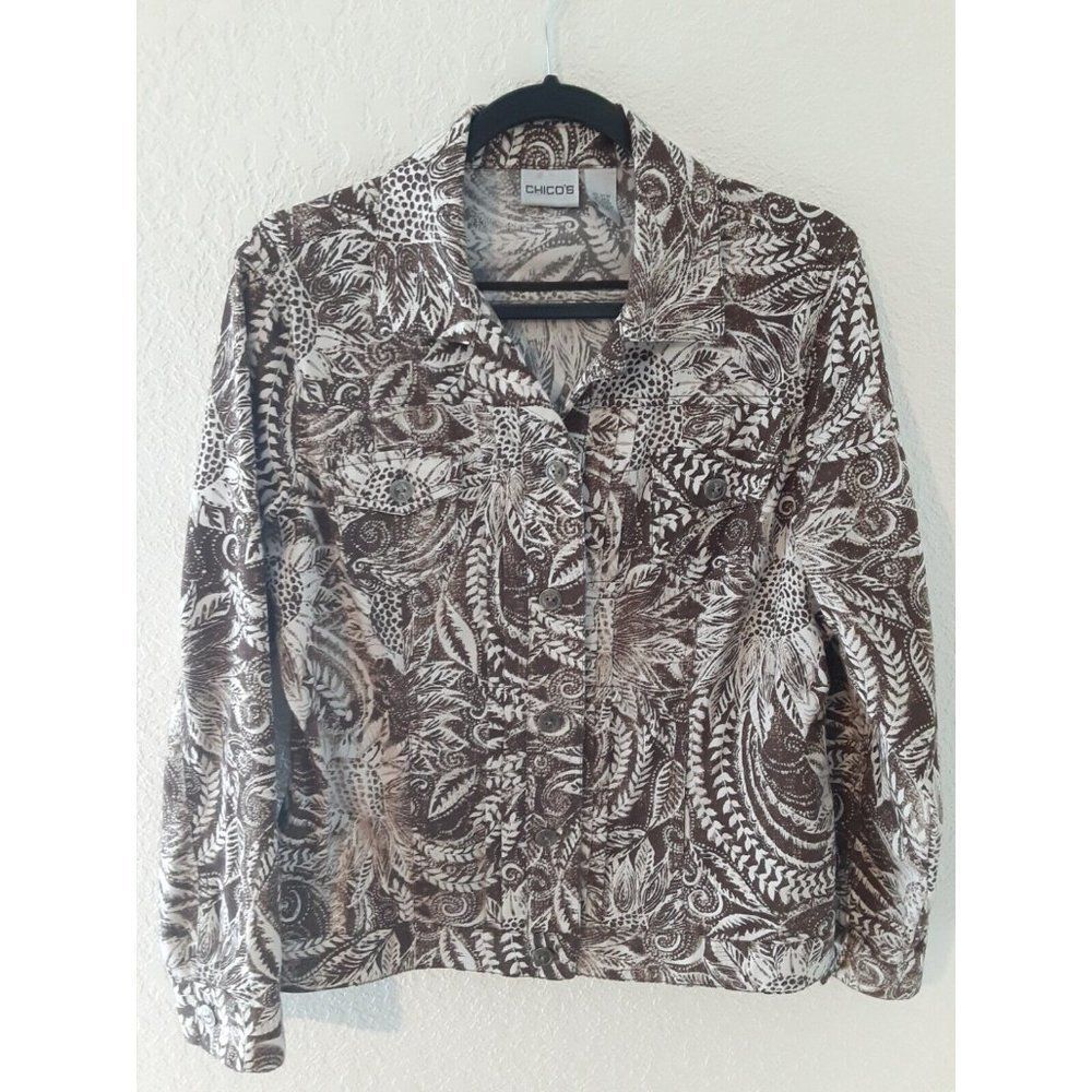 CHICO'S  Women's Size 1 Brown White  Button Up Jacket Top Front Pockets Collared